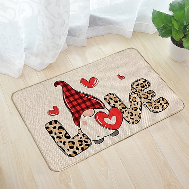 Felpudo de San Valentín | Felpudo de bienvenida de poliéster antideslizante de 40 x 60 cm | Alfombra para puerta de entrada interior y exterior con diseño de corazones y gnomos de San Valentín | De