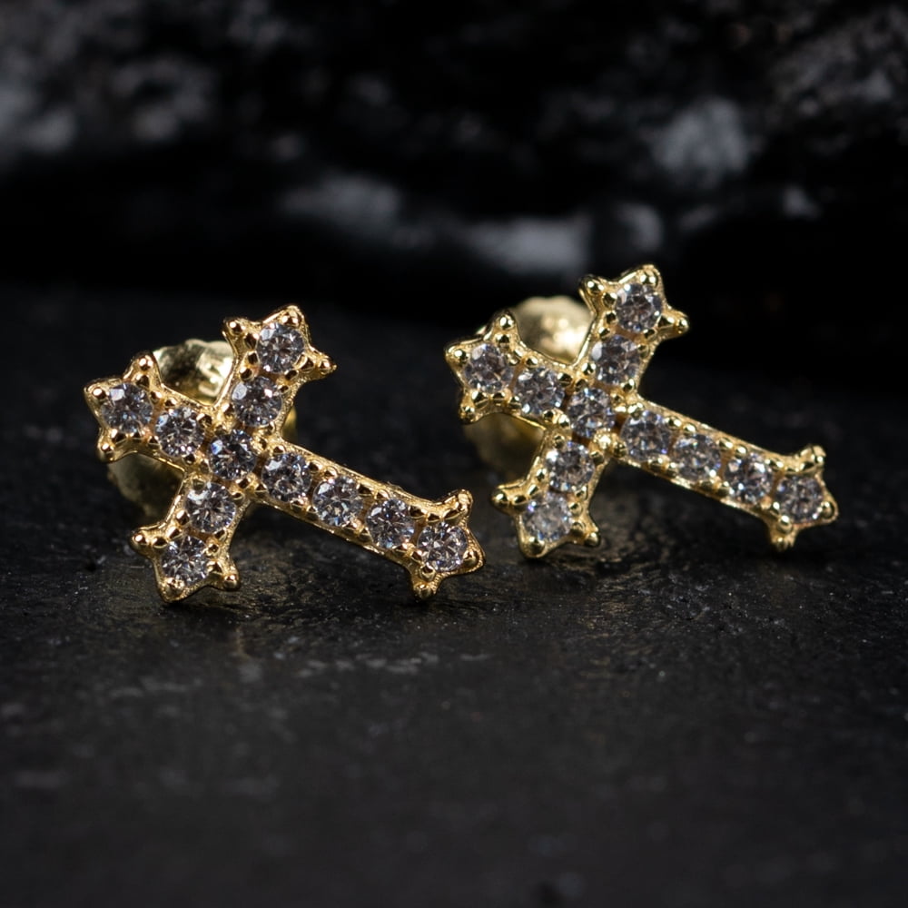 Small Mens Women's Prong Set Iced 5A Cz Hip Hop Yellow Gold 925 Sterling Silver Screw Back Post Hypoallergenic Crucifix Ice Out Cubic Zirconia Gothic Cross Stud Earrings