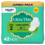 Equate Ultra Thin Pads with Flexi-Wings, Long Super Absorbency, Size 2, 42 Count