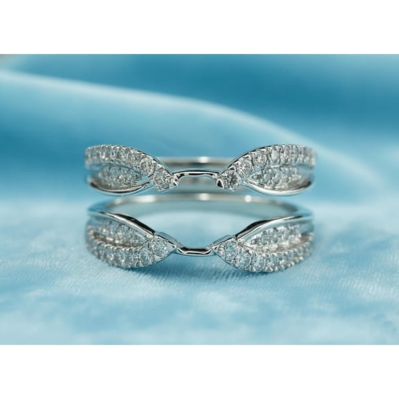 Round Moissanite Open Stacked Enhancer Wedding Band, 14K White Gold Plated 925 Sterling Silver Leaf Guard Ring, Unique Wrap Jacket Band for Women