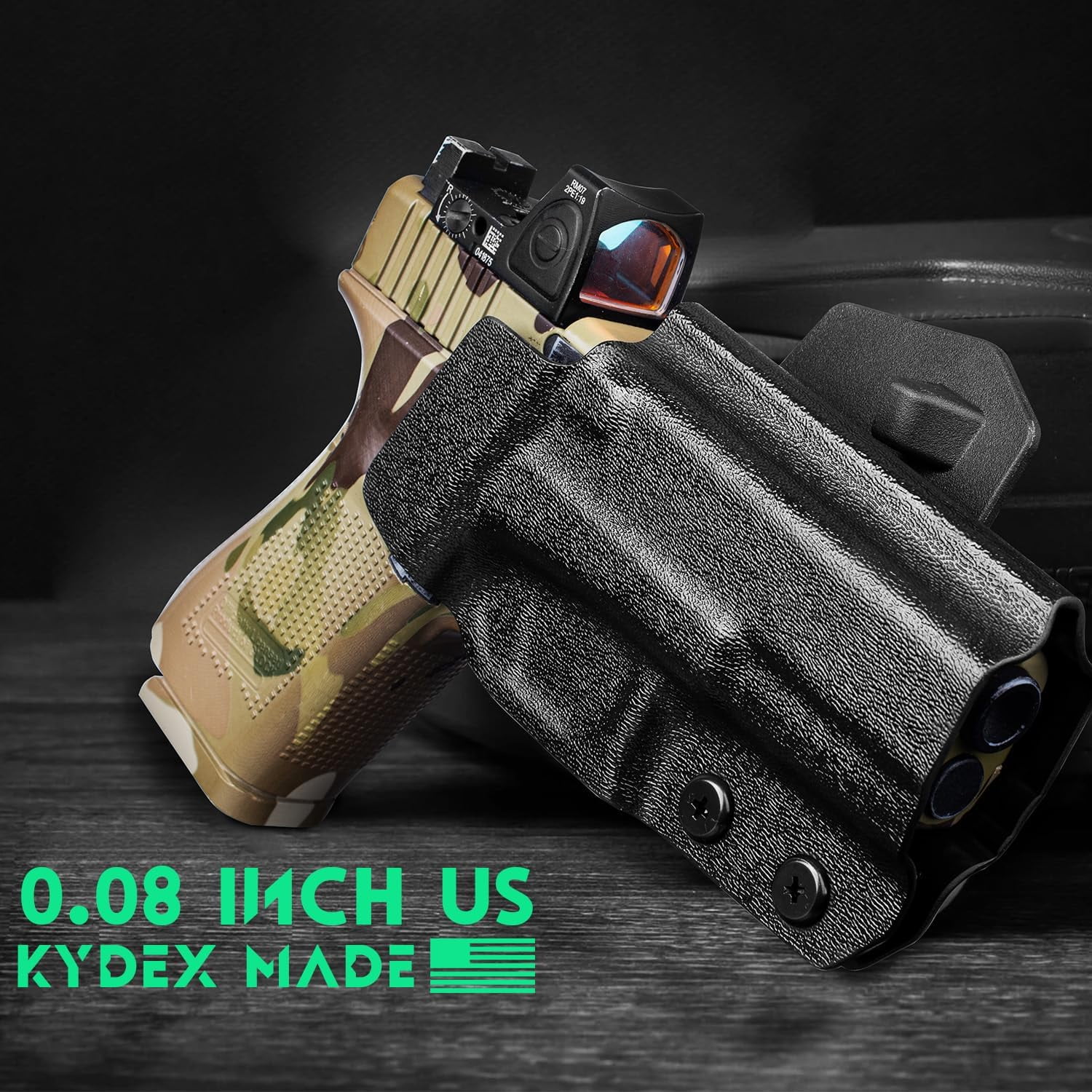 OWB Kydex Paddle Holster, For Glock 23 gen 1 2 3 4 5 pistol, Optics Cut & Adj. Cant, Left Hand