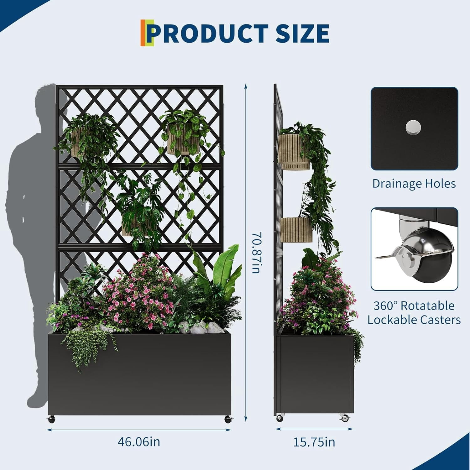 Galvanized Steel Raised Garden Bed with Trellis & Privacy Screen - 71 in x35 in x16 in Planter Box with Lockable Casters & Drainage Holes for Vines, Vegetables On Patio, Deck or Yard
