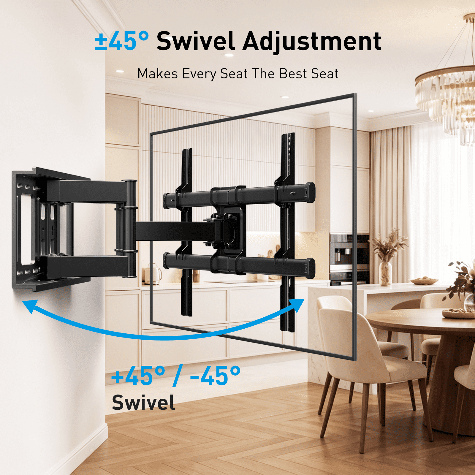 MountFTV Full Motion TV Wall Mount Bracket for 37"-90" TVs, Holds up to 132 lbs, Max 600x400mm, Fits 8″/12″/16″ Wood Studs