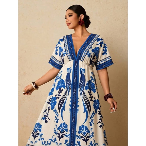 Blue And White Floral V-Neck Short Sleeve Wrap Maxi Dress For Women