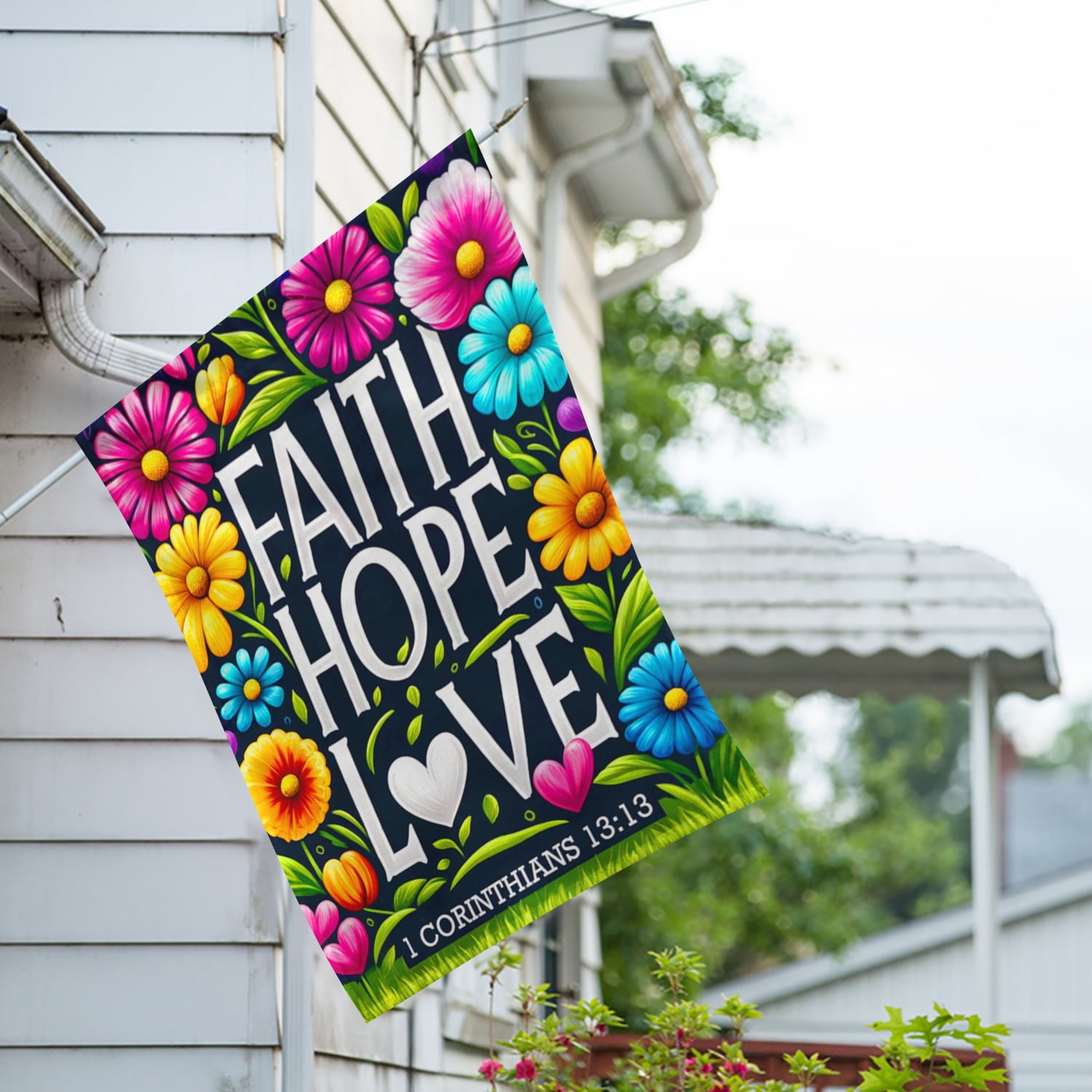 America Forever Faith Hope Love House Flag, 28 x 40 inch Double Sided, 1 Corinthians 13:13 Scripture Floral Christian Religious Inspirational Outdoor Decor