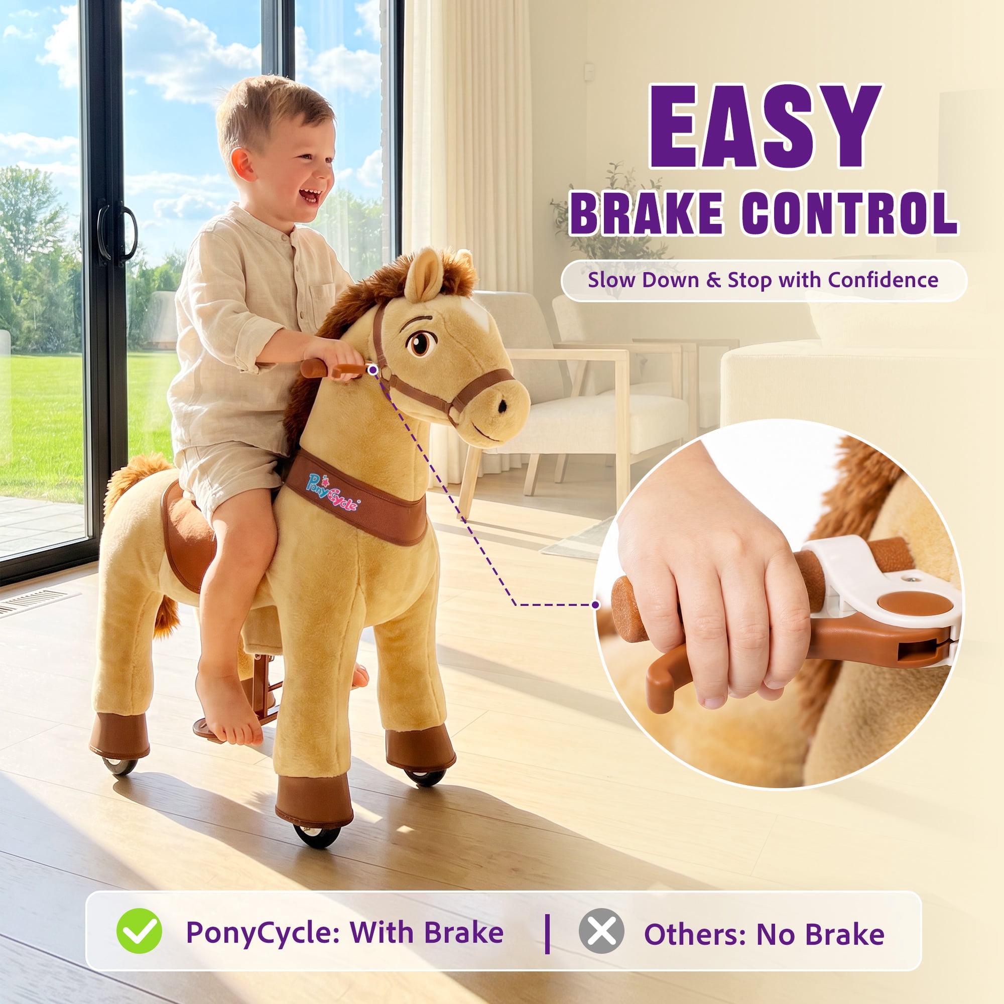 PonyCycle Kid-Powered Ride-On Horse Toy, No Battery, Hand Brake, Ages 3–4, Light Brown, E336