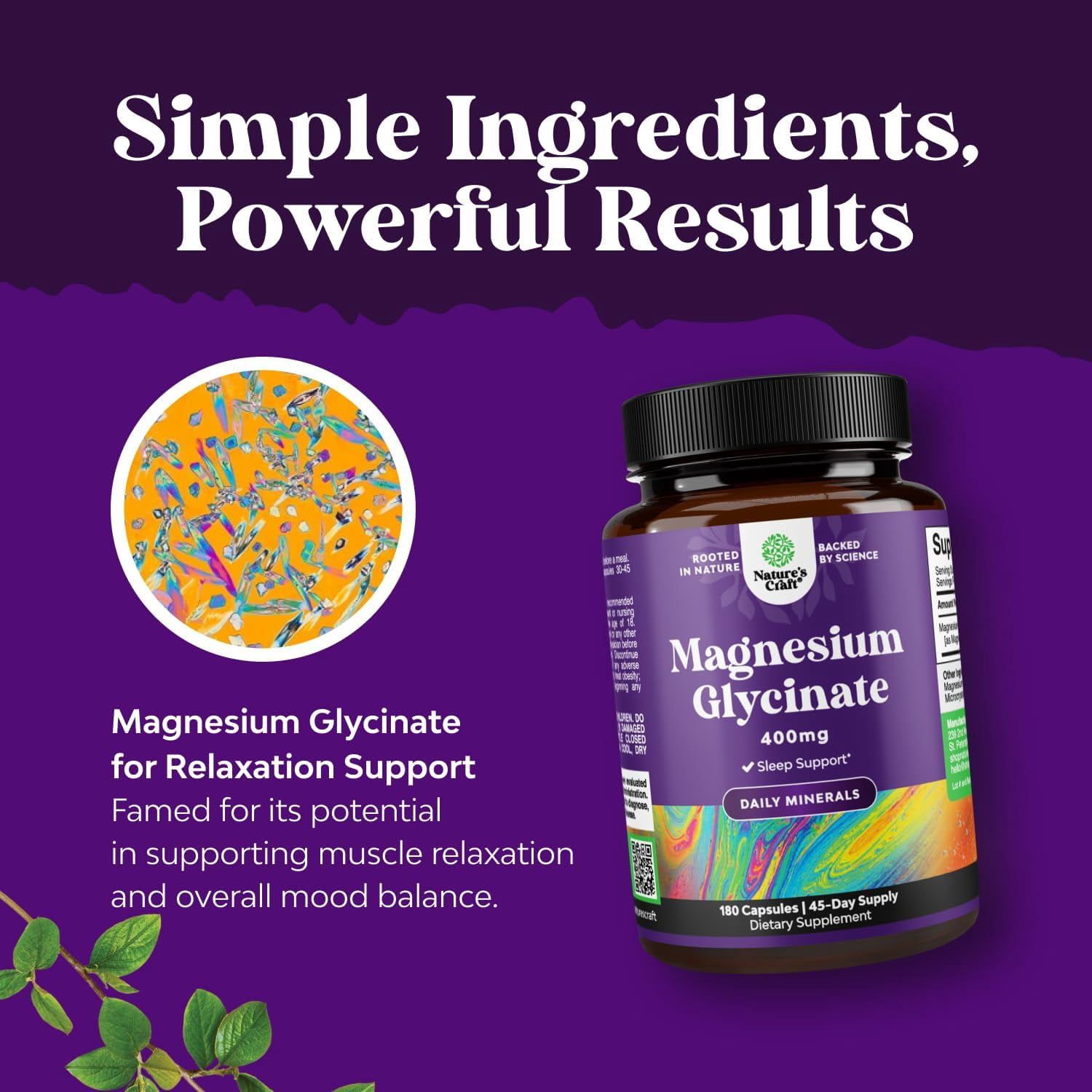 Nature’s Craft Pure Magnesium Glycinate Supplement for Relaxation and Sleep Support, 180 Capsules