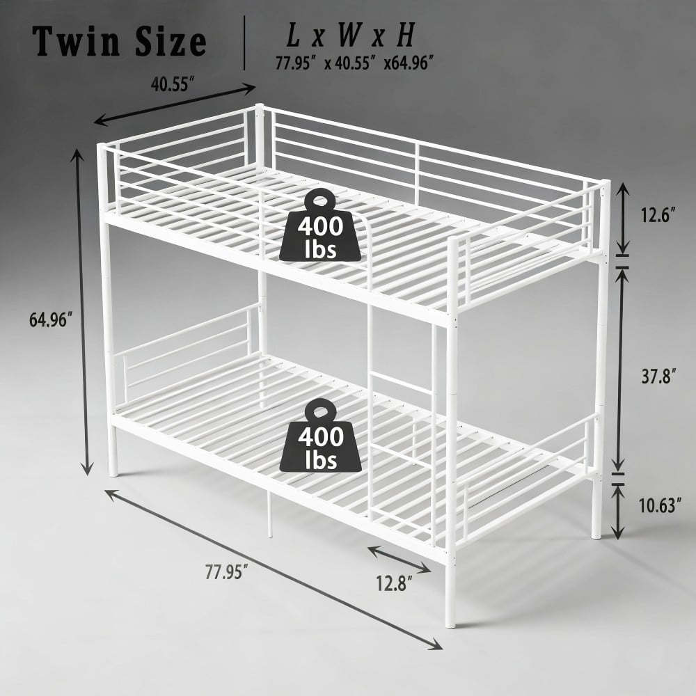 Twin Over Twin Bunk Bed with Ladder and High Guardrail, Convertible Metal Bunk Bed, Separates into 2 Twin Beds, Space Saving, White