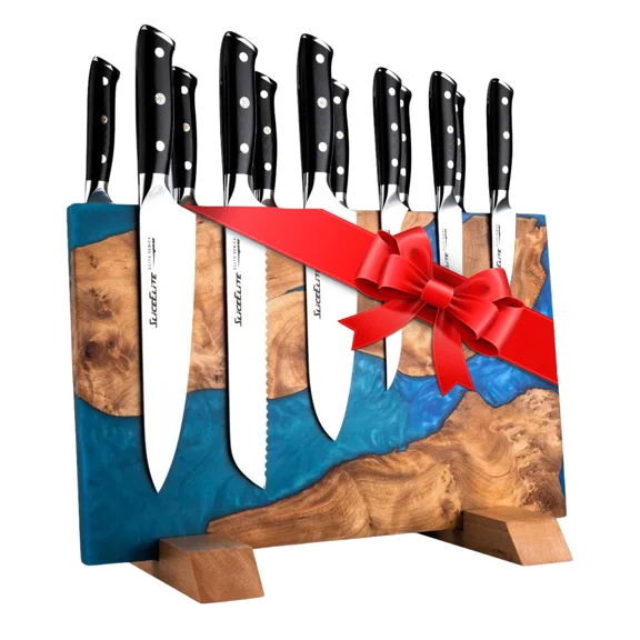SliceElite Magnetic Knife Block Artisan-Finished East Indian Walnut & Blue Resin Holds Up To 20 Knives