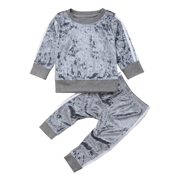 Girls Cozy Velvet Striped Sweatshirt and Pants 2pcs Sporty Outfits (Grey, 90/2-3 Years)