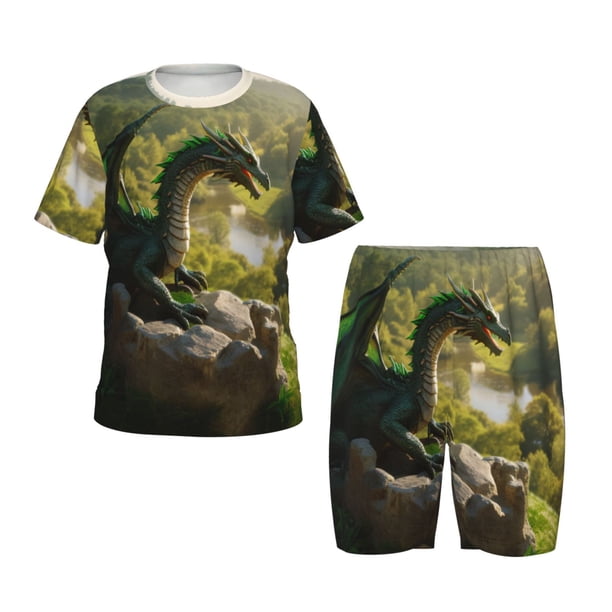 Balery Deep Forest Stone Green Dragon Conjunto de Pijama Infantil de Manga Corta con Estampado – Ropa de Dormir de Algodón Suave-Large
