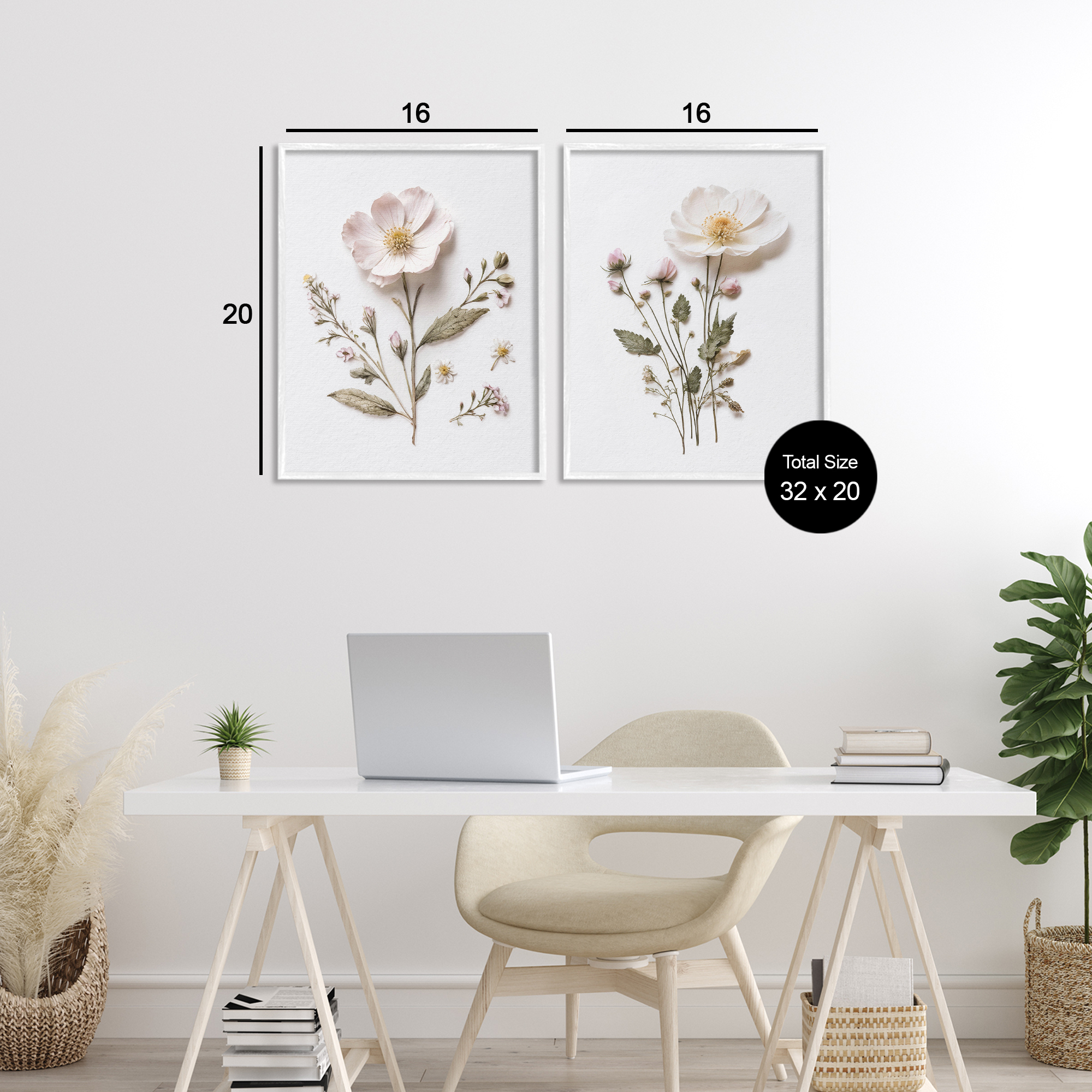 Minimal Pressed Flowers 2 Piece White Framed Giclee Art Set, design by Lettered and Lined