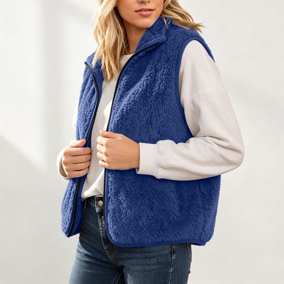 Tusihei Women Plus Size Fleece Vest Zip Up Sleeveless Jackets Coats Fuzzy Waistcoat Outerwear Fall Winter Outfits, Blue M