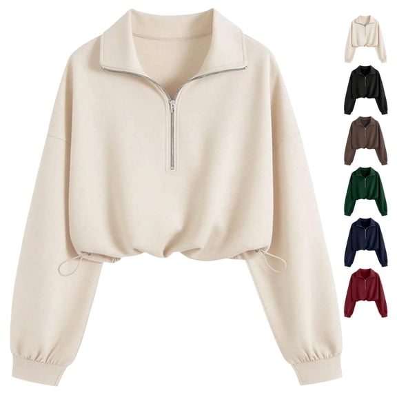 TGSLY Women's Cropped Sweatshirts Casual Collared Half Zip Long Sleeve Pullover Tops Oversized Adjustable Drawstring Hem Solid Color Sweatshirts L