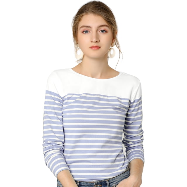 CamiseDe ManLarPaMujer bloque de colorrayas triple color simple Azul claro L