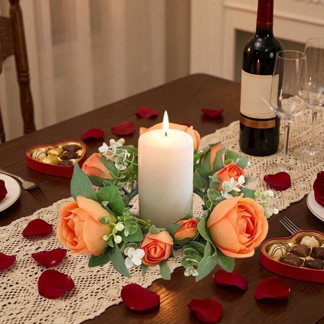 1Pcs Faux Austen Rose Garland Candle Cup Candlestick Garland Ring Decoration Plastic in Orange Natural-Looking Floral Details for Party Wedding Table Decor 7.87x7.87x1.97" JASKFLY