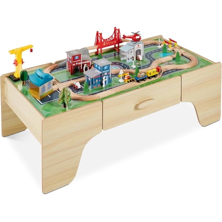 Large 50in 35-Piece Train Table, Multipurpose Wooden Toy Activity Playset for Children w/Tracks, Reversible Top - Natural