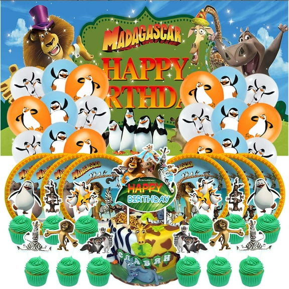 Madagascar Plates Balloons Banner Party Decor Backdrop Cake Topper Supplies Decorations Tableware