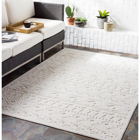 Mark&Day Outdoor Rugs, 6x9 Veldwijk Global Indoor/Outdoor Cream Area Rug, Non Shedding Cream Grey Carpet for Patio, Porch, Deck, Bedroom, Living Room or Kitchen (6'7" x 9')