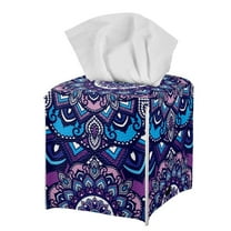 FUIALDOLG Tissue Box Cover, Purple Mandala Flower Square Tissue Box Holder with Bottom Belt - Waterproof PU Leather Home Decorative Organizer for Tabletop, Bathroom, Car, Office