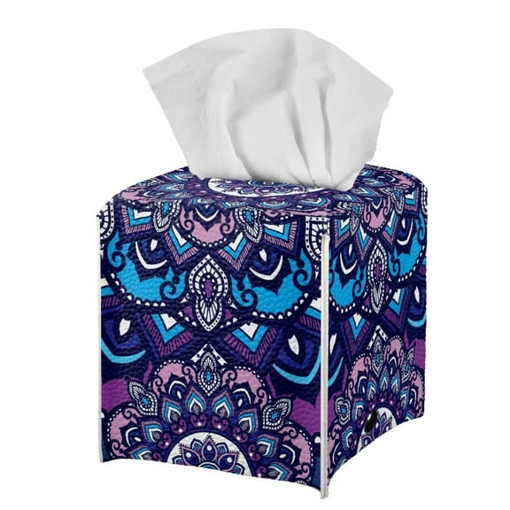 Psesaysky Tissue Box Cover, Purple Mandala Flower Square Tissue Box Holder with Bottom Belt - Waterproof PU Leather Home Decorative Organizer for Tabletop, Bathroom, Car, Office