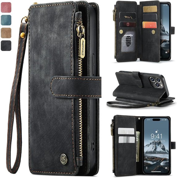 Case for iPhone 14 Pro, Flip Leather Wallet Case with 10 Card Slot Holder Zipper Pocket Kickstand Magnetic Closure Shockproof Flip Folio Cover for iPhone 14 Pro 5G 6.1 inch 2022 (Black)