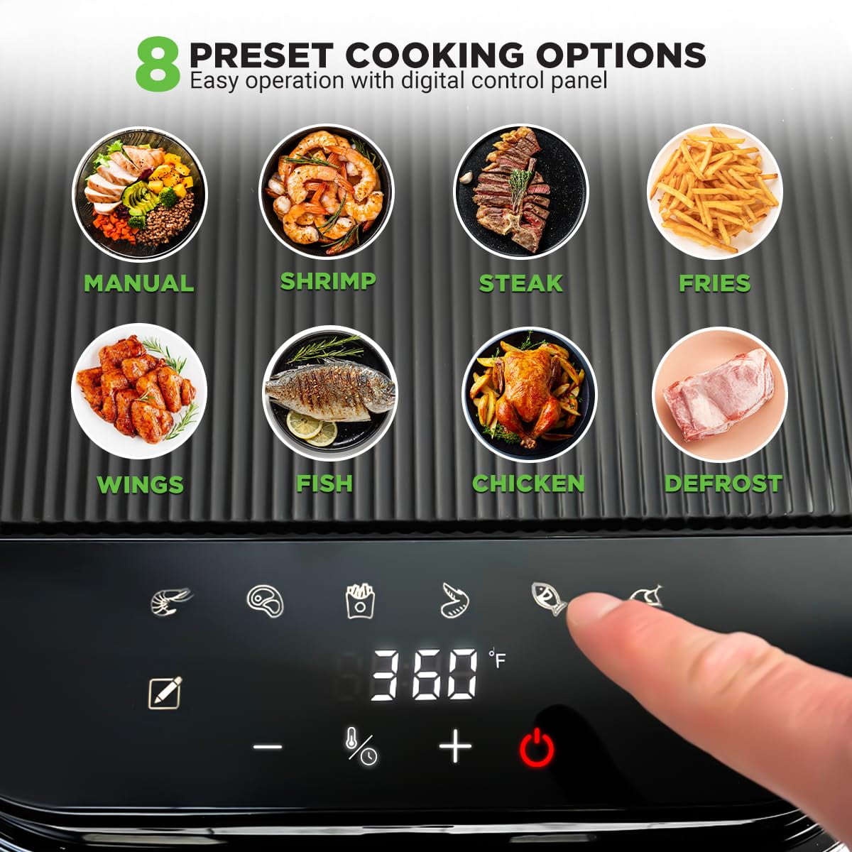 Nutrichef 5.8 Quart Air Fryer - 8-1 Preset Cook Modes - Transparent Fry Bowl for Best Cooking Results - Cook Shrimp, Steak, Fries, Wings, Chicken & More - Precise Temperature Control & Time - Grey