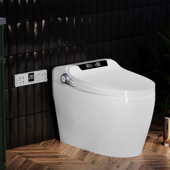 Sunrinx Elongated Smart Bidet Toilet with Heated Seat, Air Dryer, Touchless Flush, Soft-Close Lid, Gentle Night Light, and Remote Control