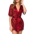 thumbnail image 2 of Levmjia Womens Sheer Lace Kimono Robe Three Quarter Sleeve Open Front Tie Waist Lingerie Cover Up Breathable For Home Romantic Occasions, 2 of 5