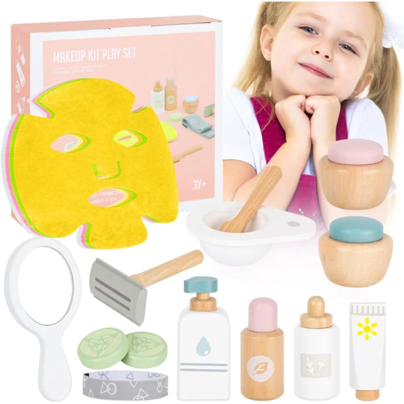 WJCA Wooden Beauty Salon Pretend Play Makeup Toy Set for Kids, Skin Care Themed Learning Toys, Cute Pretend Makeup Kit for Toddlers, Girls and Boys