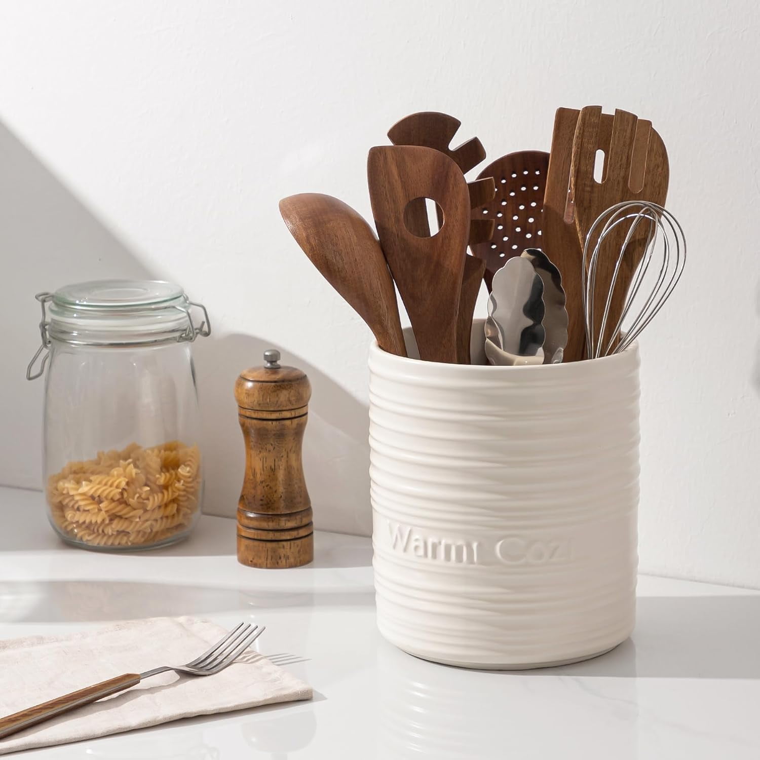 FUN ELEMENTS Utensil Holder, 7.1Inch 4 Compartment Utensil Crock,Ceramic Cooking Utensil Spoon/Spatula Holder for Countertop, Kitchen Decor and Accessories for counte(Beige)