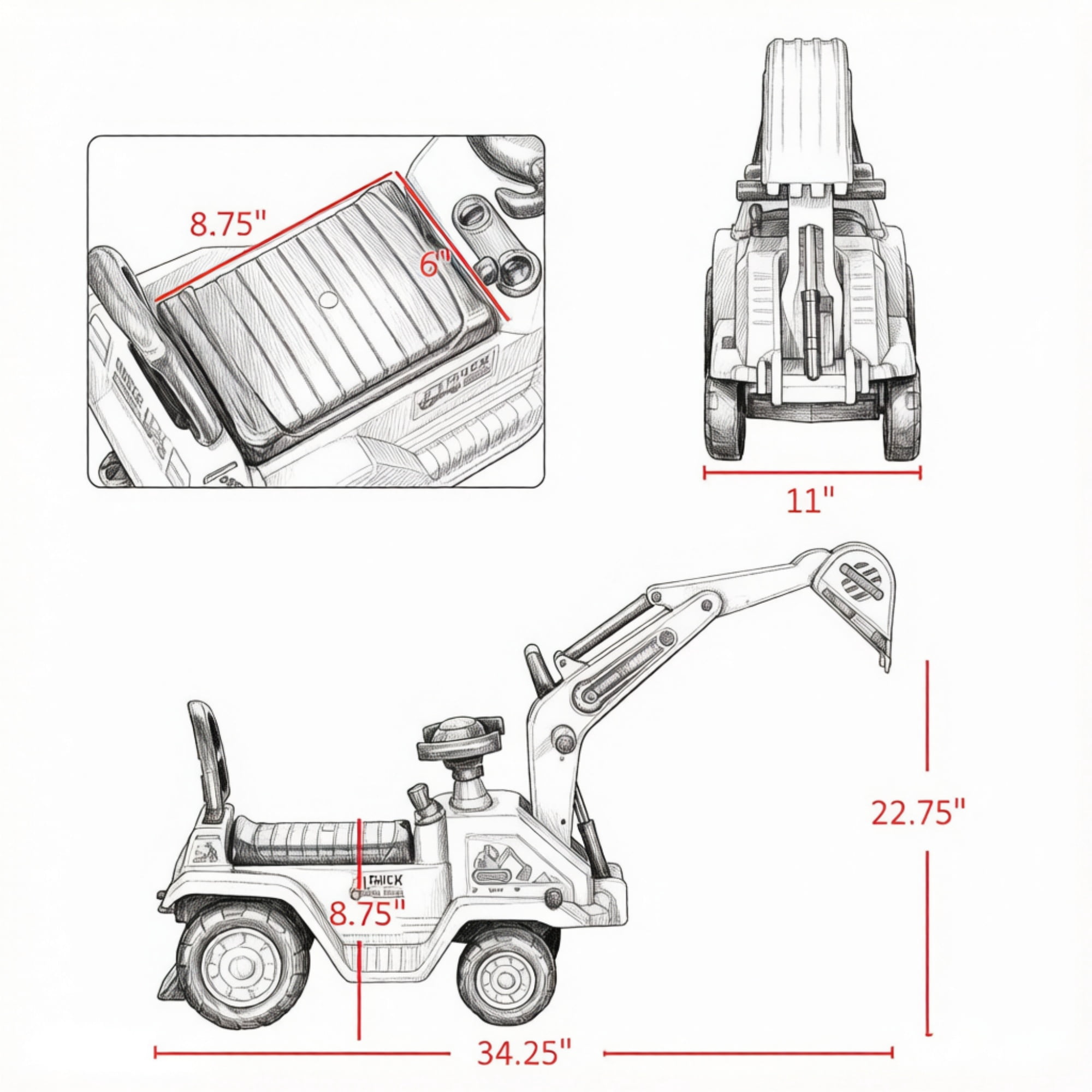 Kids Excavator Ride On with Pull Cart and Horn for Ages 18-48 Months