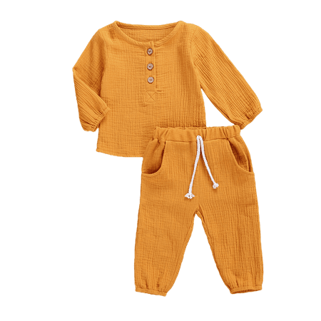 

Gwiyeopda Newborn Baby Girls Boys Clothes Set Long Sleeve Button Tops+Long Pants Kids 2Pcs Casual Outfits 0-5Y