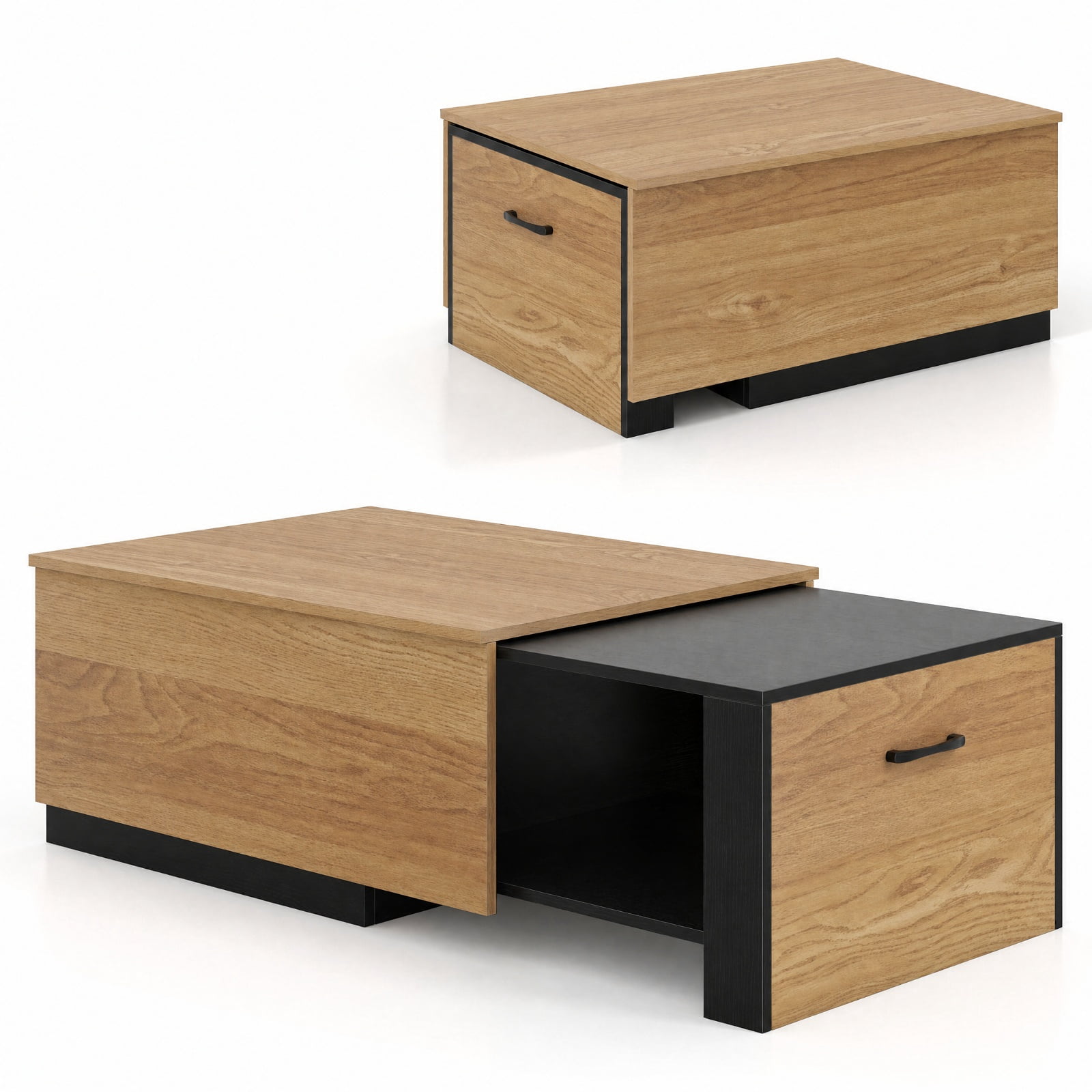 Furnibear Extendable 2-Tier Coffee Table with Concealed Storage Compartment and Bottom Shelf for Living Room and Small Space, Natural