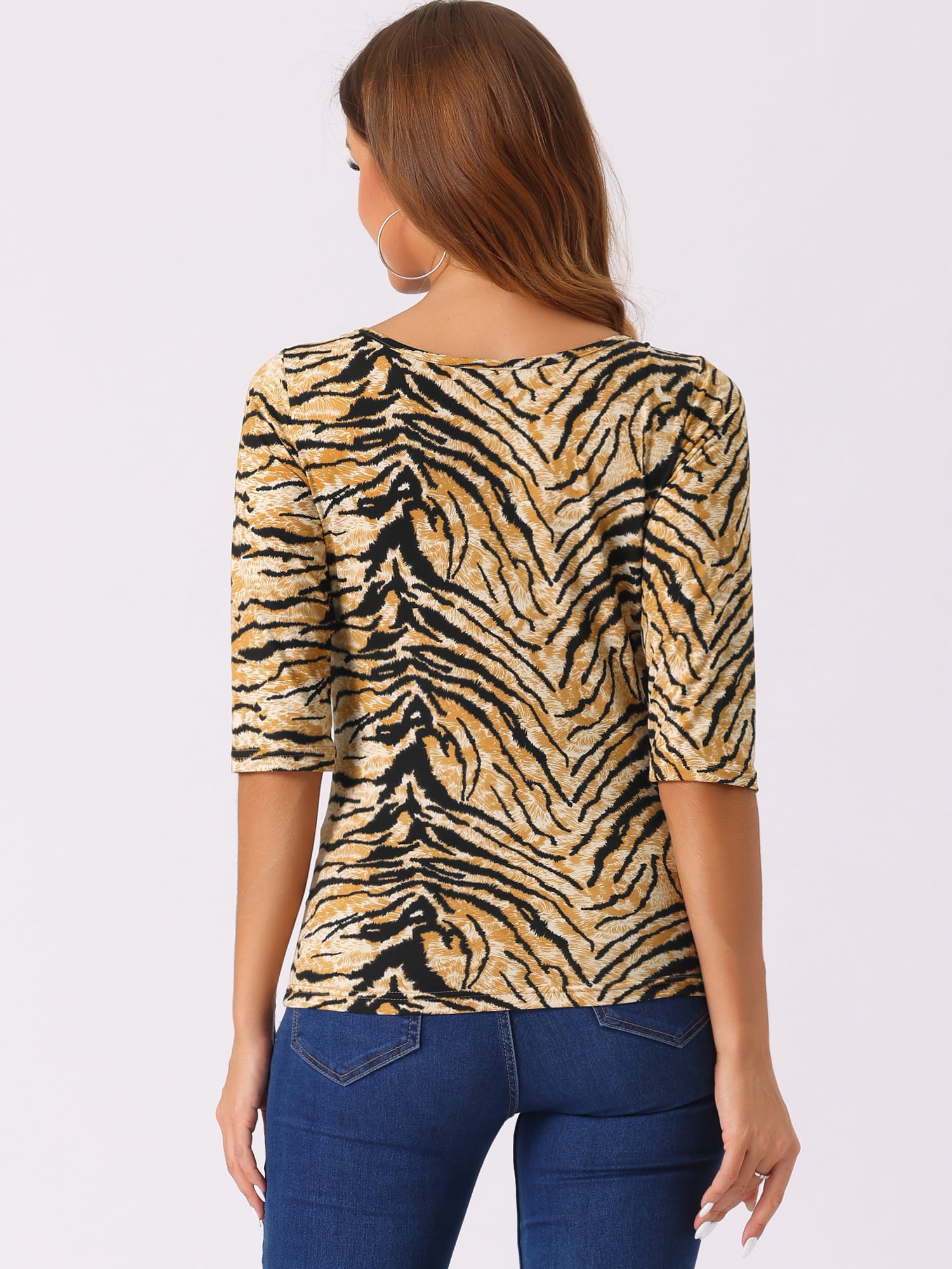 DARING DIVA Women's Elbow Sleeves Round Neck Slim Basic Printed T-Shirt 3XL Apricot-Tiger