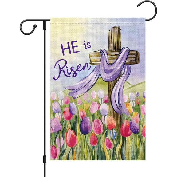 Easter Garden Flag 12.5x18 Double Sided Burlap, Small Vertical Easter Sun Cross Tulip Garden Yard Flags He is Risen for Religion Easter Spring Outdoor Outside Decoration (ONLY FLAG)