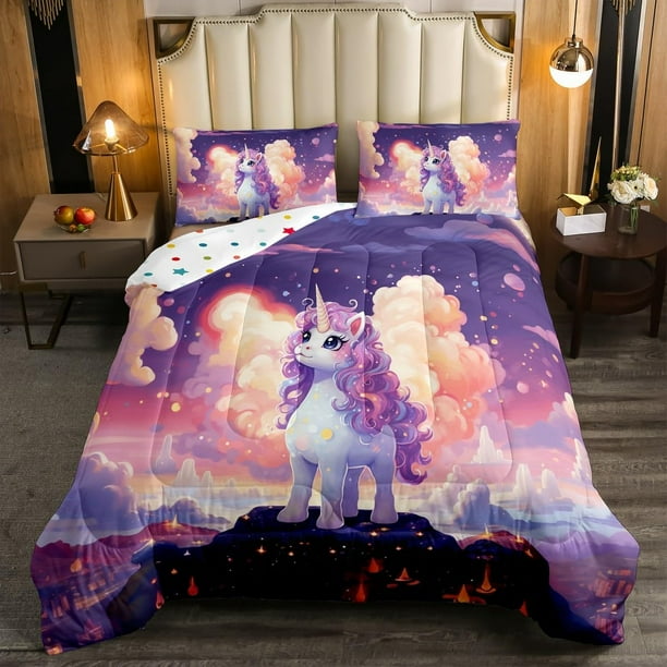 Tamaño Unicornio juegos de cama para Niñas Unicornio púrpura Juego de edredón Dormitorio lindo