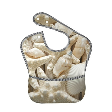 Bingfone Mess-Proof Baby Bib - Waterproof Bib For Baby Boy Or Girl With Food Catcher Pocket, Unisex-Starfish And Sea Shells