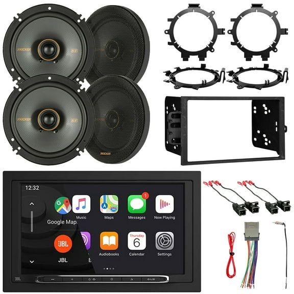 JBL Legend 700 7” Touchscreen Display Double-DIN Mechless Bluetooth AM/FM Receiver W/Install Kit, 4x 6.5" 200W Max Power 2-Way Speakers W/Bracket Adaptors & Harness, Antenna Adapter, Wiring Harness
