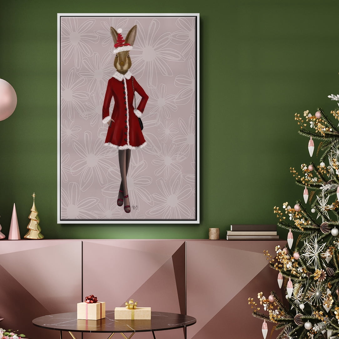Christmas Christmas Fashion Bunny - Framed Gallery Wrapped Holiday Canvas - 27 x 41 - White Frame