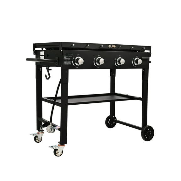 KFFKFF Business-Grade Cart Griddle, 36" Robust Manual Flat Top Griddle, Exterior Cookery Station with Auxiliary Shelves, Steel Natural Gas Griddle, 4-Burners Diner Movable Verified to Meet Standards