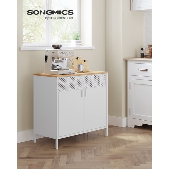 SONGMICS Storage Cabinet, Metal Cabinet, Sideboard with 2 Doors, 15.7 x 31.5 x 29.9 Inches, Magnetic Closure, Adjustable Shelf, Steel Frame, Natural Beige and White