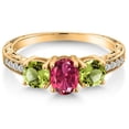 thumbnail image 3 of Gem Stone King 2.07 Cttw Oval Pink Tourmaline and Green Peridot 18K Yellow Gold Plated Silver Ring for Women | Three Stone Wedding Engagement Anniversary Promise Ring for Women| Size 5, 3 of 6