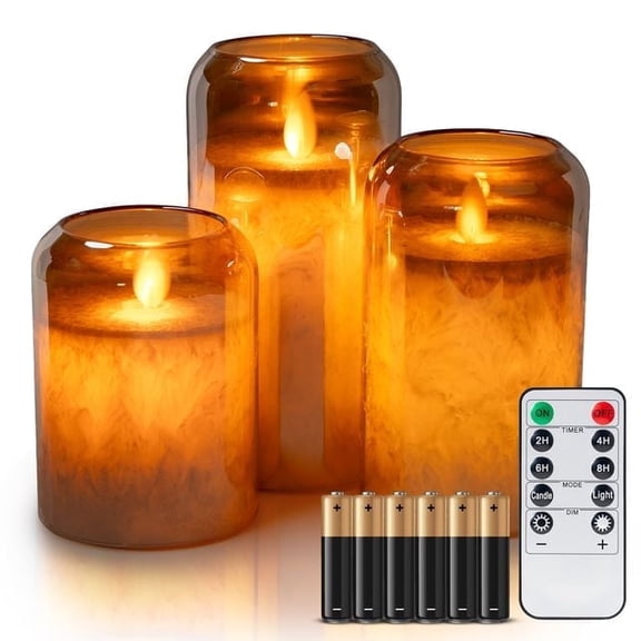 WYZworks Round Hurricane Dual LED Full Body Glow w/Metallic Mirrored Tinted Glass Mottled Crystallized Frosted Texture Pillar Candles, 3D Wick, Battery Operated, Remote & Timer (Set of 3, Gold)
