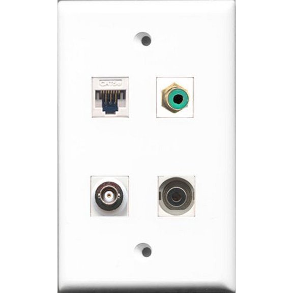 RiteAV 1 Port RCA Green and 1 Port 3.5mm and 1 Port BNC and 1 Port Cat5e Ethernet White Wall Plate