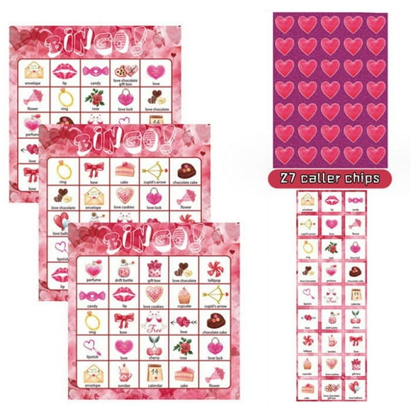 Valentines Day Bingo Game Cards 24 Players for Kids Party Card Games, School Classroom Games, Love Party Supplies