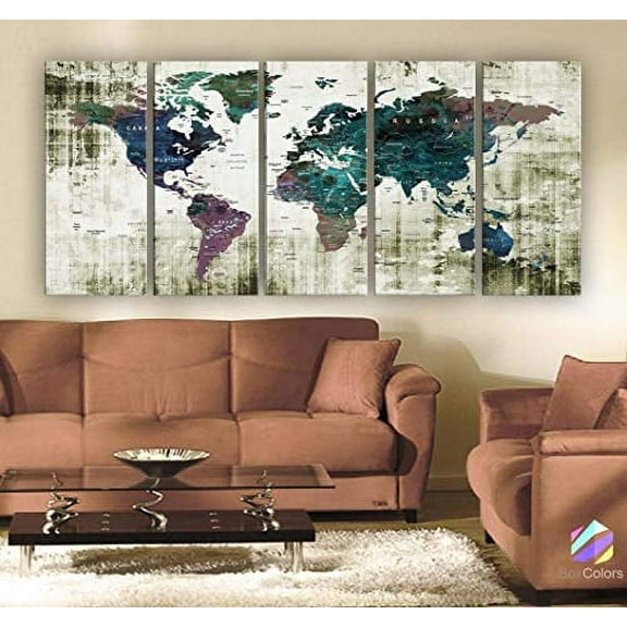 Original by BoxColors Xlarge 30"x 70" 5 Panels 30x14 Ea Art Canvas Print Watercolor Green Old Map World Push Pin Travel Wall decor (framed 1.5" depth) M1806