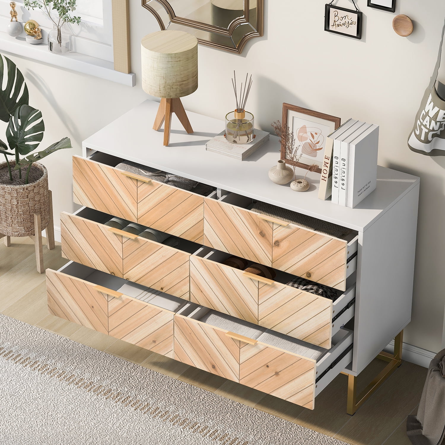 Kadyn 6 Drawer Dresser, Chest of Drawers with Metal Leg and Handle, Particle Board Storage Cabinet for Bedroom, White+Natural Kadyn 6 Drawer Dresser, Chest of Drawers with Metal Leg and Handle, Particle Board Storage Cabinet for Bedroom, White+Natural