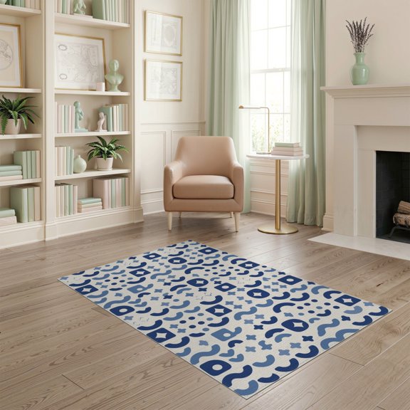 ODIKA 4'x6' Navy Geometric Abstract Design Washable Area Rug Modern Symmetrical Shapes with Bold for Bedroom, Reading Nook, Pet Friendly & Non-Shedding