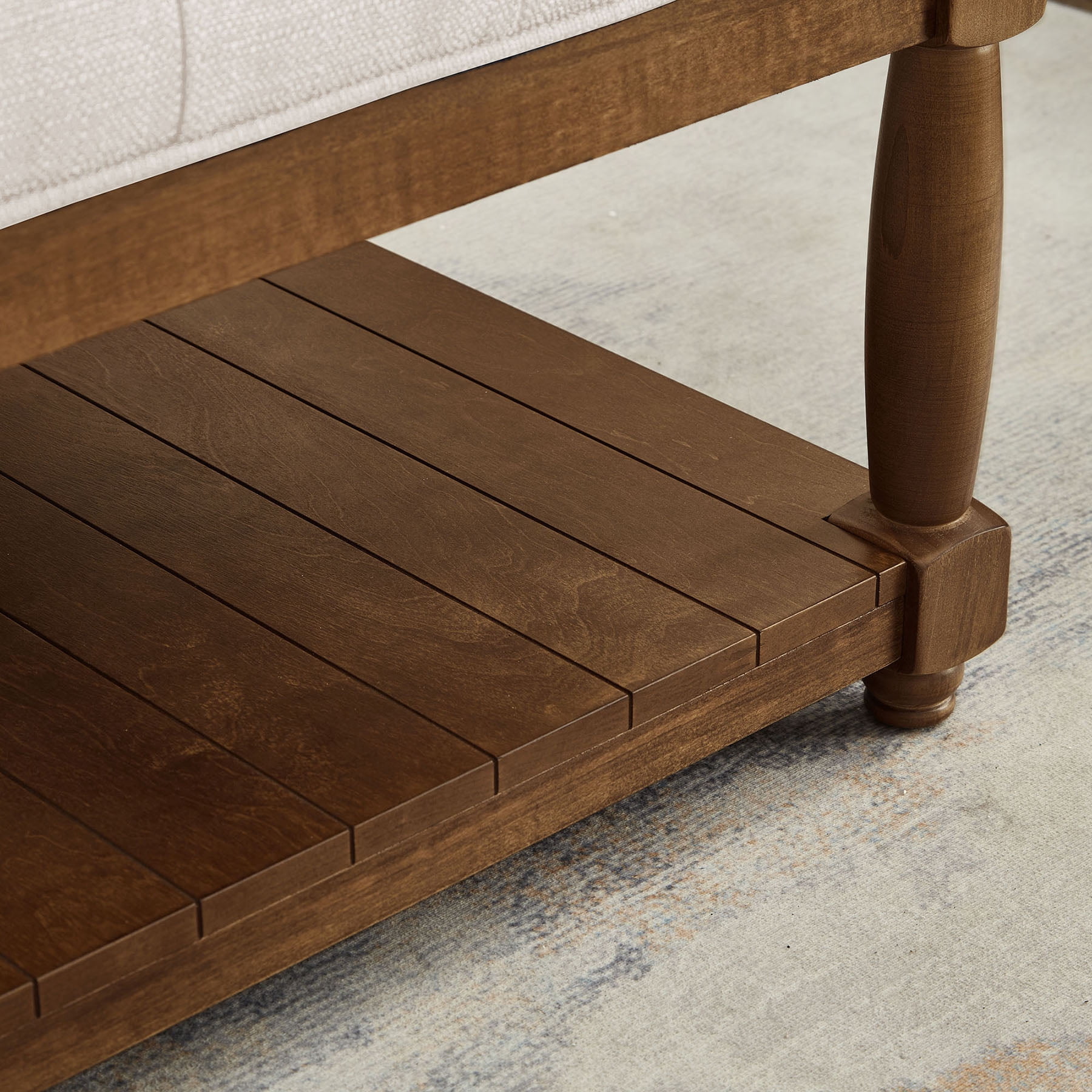 S-HOME Large Square Upholstered Tufted Linen Ottoman, Spacious Coffee Table with Solid Wood Shelf
